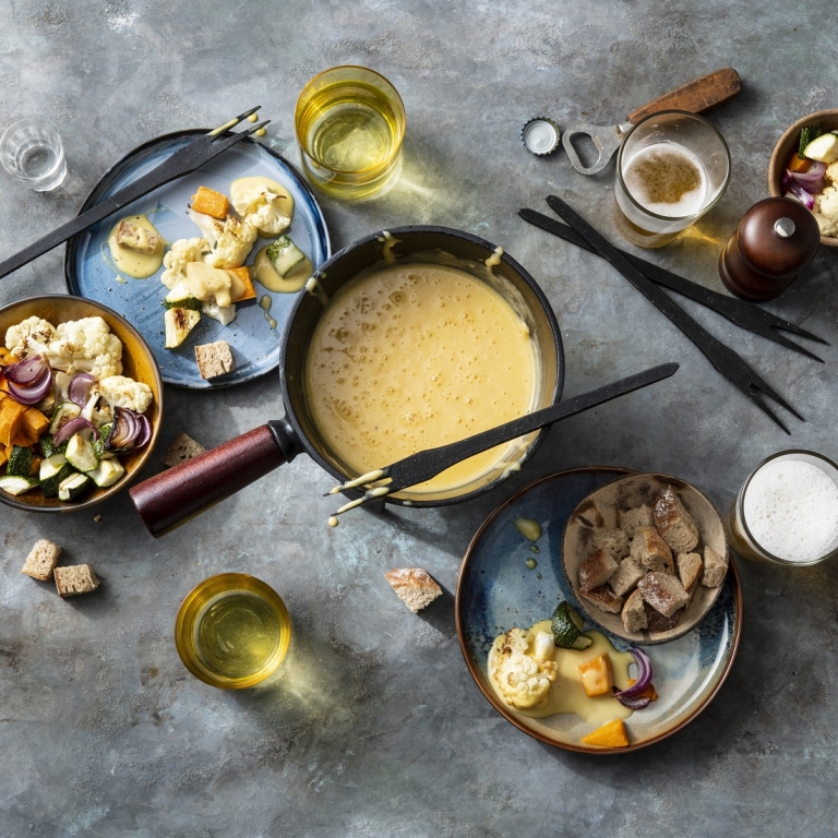 Dutch cheese fondue with roasted vegetables