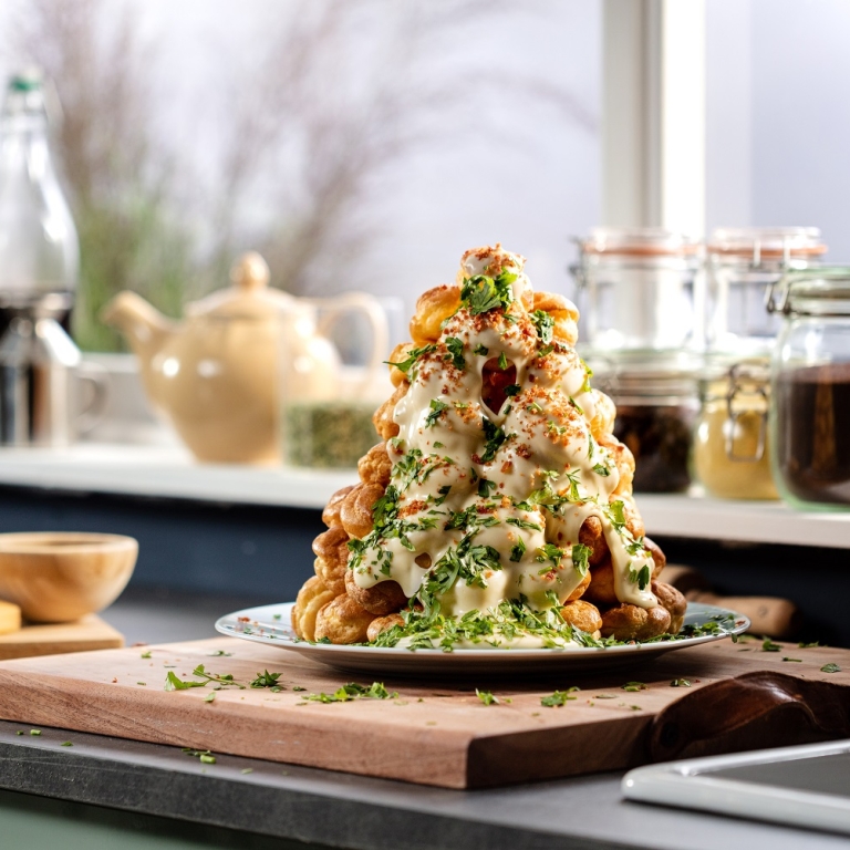 Savory croquembouche with Beemster cheese sauce