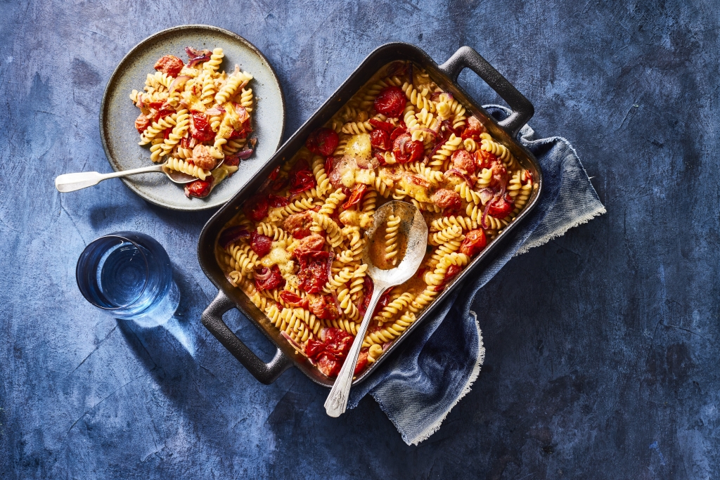baked pasta from the oven with beemster cheese